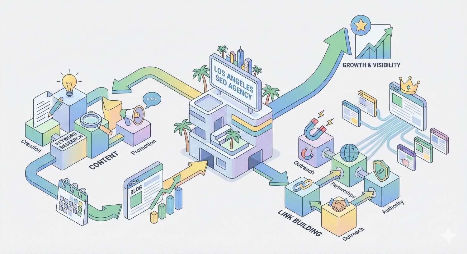 Isometric illustration of a “Los Angeles SEO Agency” building connected to content creation and keyword research on one side and link building, outreach, partnerships, and authority on the other, with arrows leading upward to growth and visibility, shown through icons, charts, crowns, and pastel city elements.