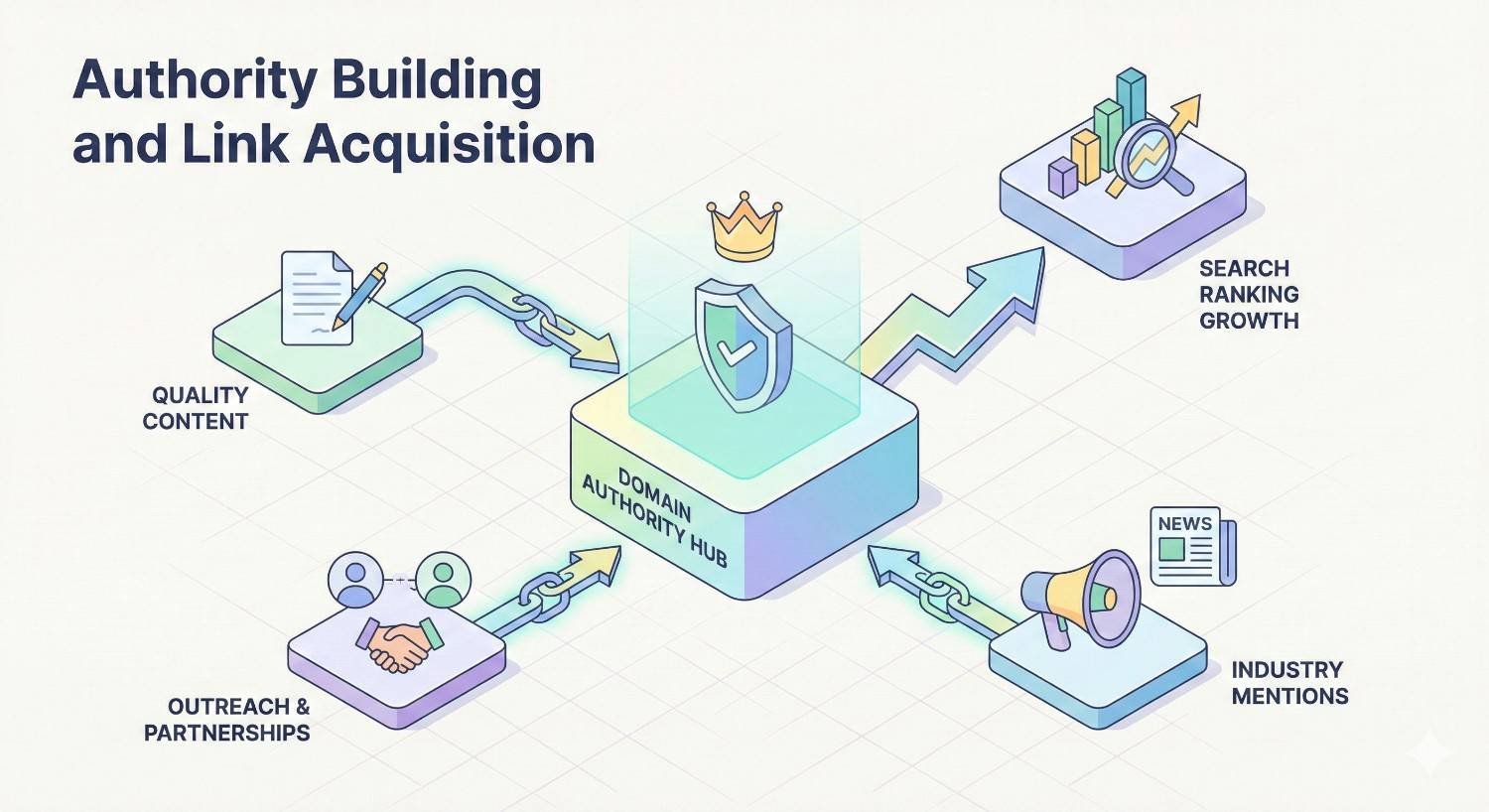 Diagram titled “Authority Building and Link Acquisition” showing a central domain authority hub connected to quality content, outreach partnerships, industry mentions, and rising search rankings, illustrated with chains, shields, charts, and promotional icon