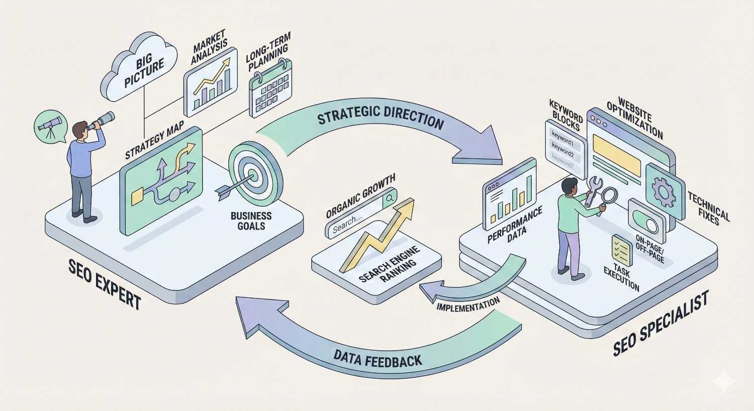 Isometric diagram comparing an SEO expert setting strategy and business goals with an SEO specialist executing keyword optimization and technical fixes, linked by arrows showing implementation, performance data, organic growth, search rankings, and feedback loops guiding strategic direction.