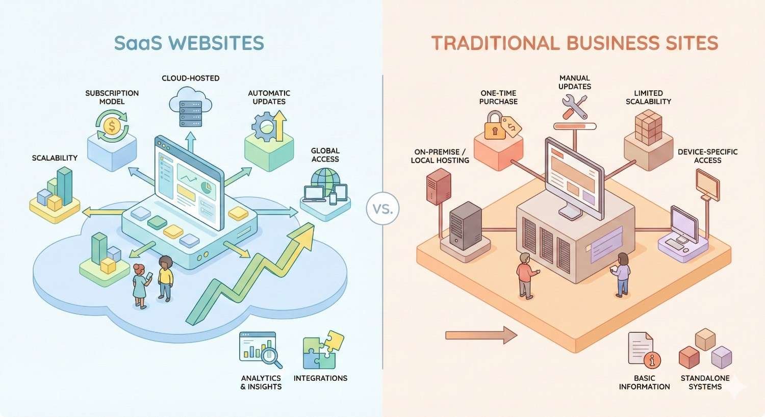 A split infographic compares SaaS websites and traditional business sites: SaaS shows cloud hosting, subscriptions, scalability, automatic updates, analytics, and integrations, while traditional sites show on-premise hosting, manual updates, limited scalability, device-specific access, and basic standalone systems.
