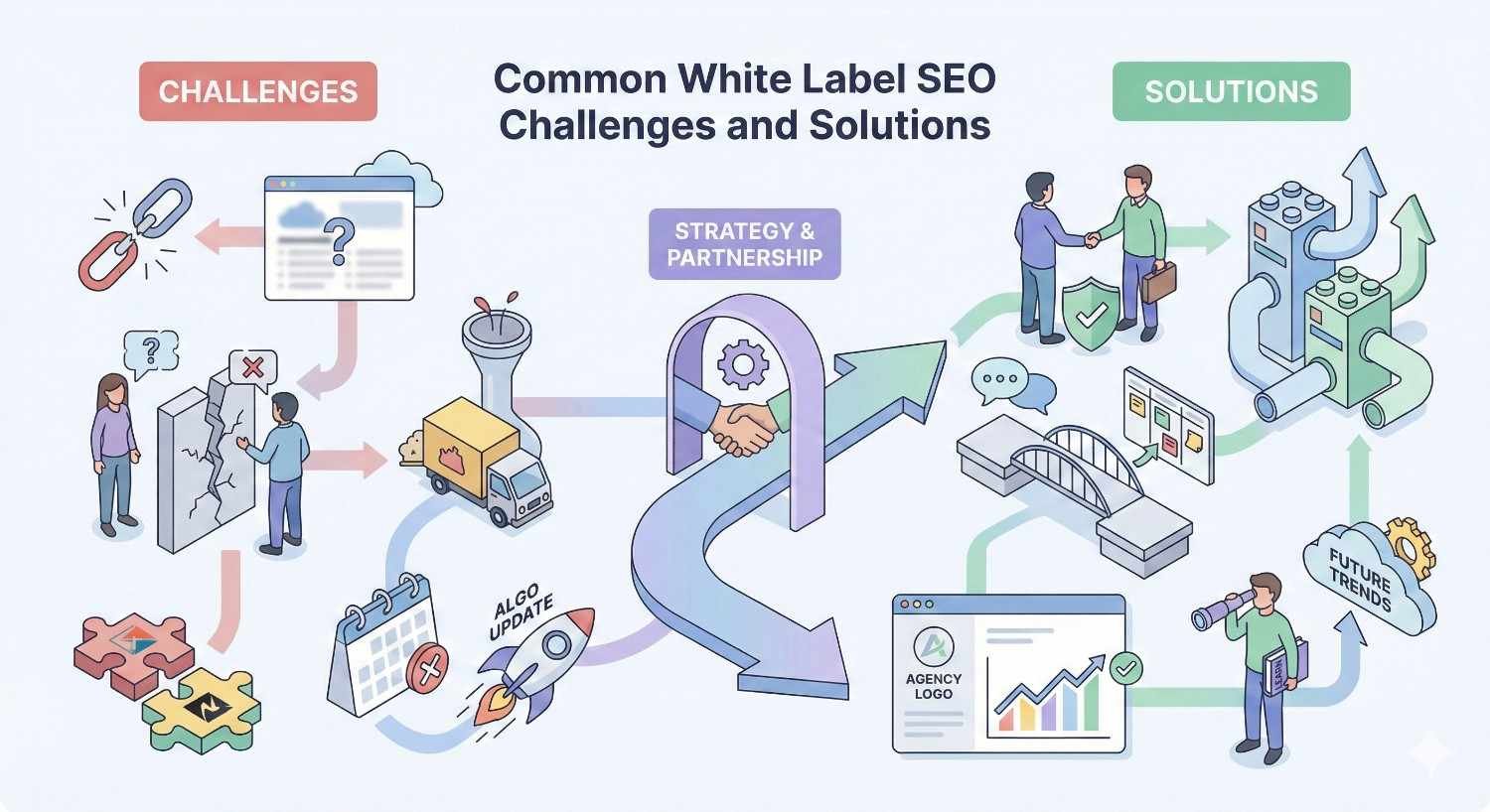 An infographic titled “Common White Label SEO Challenges and Solutions” contrasts problems like broken links, confusion, delays, and mismatched branding with solutions such as partnerships, improved workflows, reporting dashboards, scaling systems, and future-focused planning, illustrated with arrows, icons, and handshake graphics.