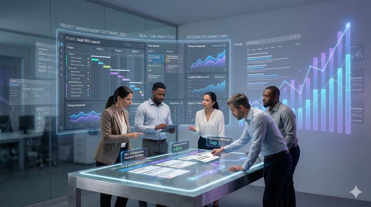 A diverse team collaborates around a glowing interactive table in a modern office, reviewing holographic SEO dashboards, keyword rankings, traffic graphs, project timelines, and rising analytics charts projected on glass walls during a digital marketing strategy meeting.