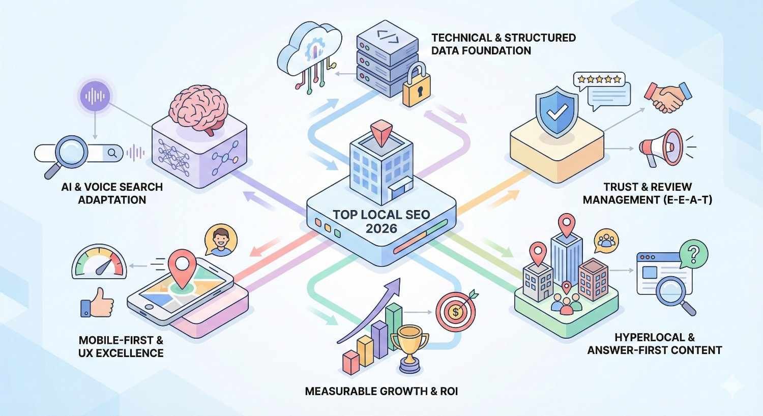 An infographic titled “Top Local SEO 2026” shows a central hub connected to AI and voice search, mobile-first UX, technical data foundations, trust and reviews, hyperlocal content, and measurable ROI, illustrated with icons, arrows, buildings, charts, and trophies.