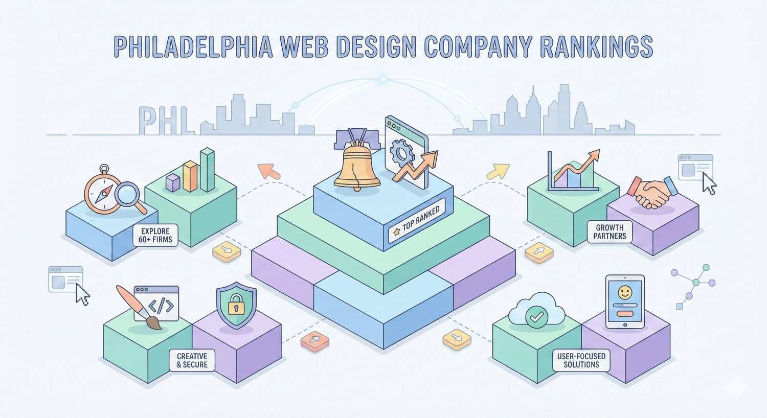Isometric illustration titled “Philadelphia Web Design Company Rankings” showing stacked podium blocks labeled top ranked, surrounded by icons for exploring firms, creative and secure design, growth partners, charts, and user-focused solutions, with a city skyline silhouette in the background.