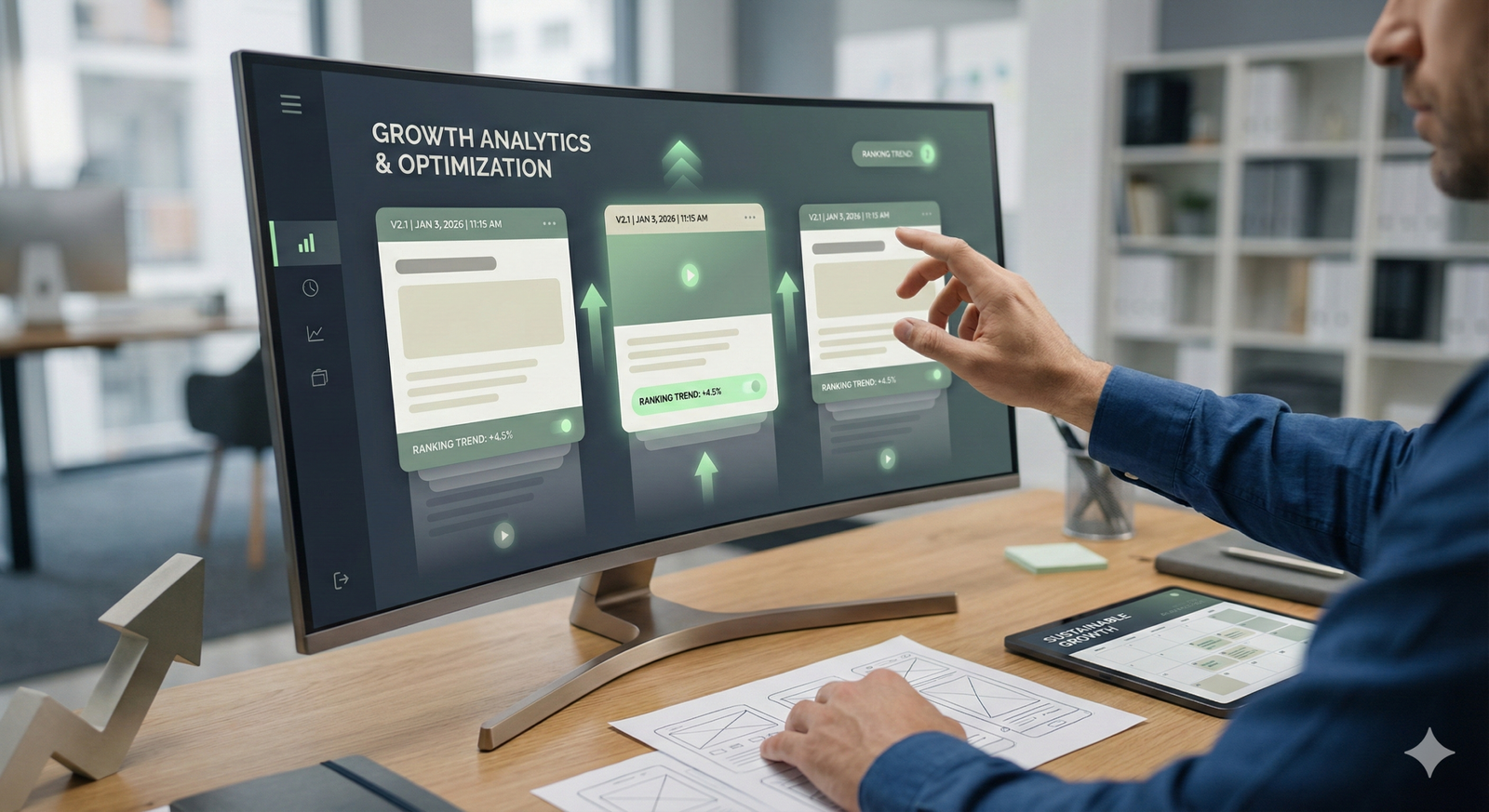 A professional reviews a growth analytics and optimization dashboard on a widescreen monitor, pointing at ranking trend cards with upward arrows. The modern workspace and interface represent continuous SEO optimization, performance tracking, and data-driven improvements for organic growth.