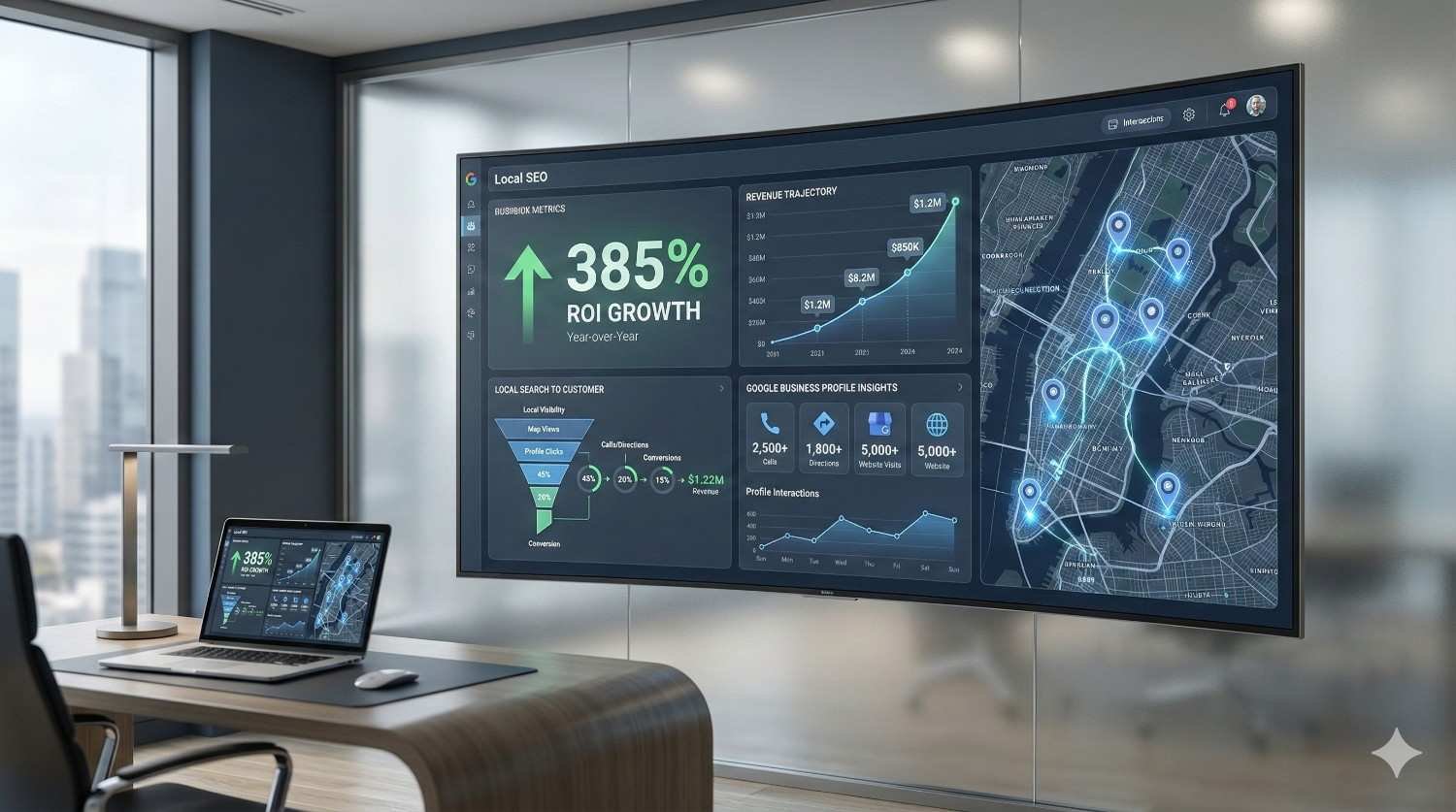 Modern office scene with a large wall display showing local SEO analytics, a city map with location pins, ROI growth of 385%, traffic charts, and Google Business Profile insights, alongside a desk with a laptop mirroring the dashboard.