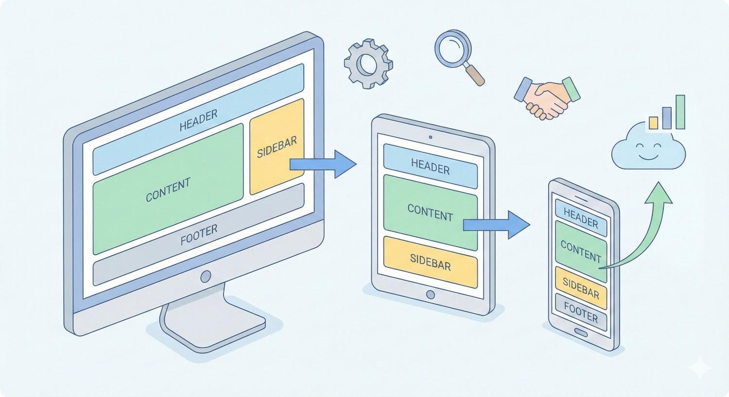 Illustration of responsive web design showing a desktop layout transforming into tablet and smartphone views, with labeled sections for header, content, sidebar, and footer, arrows indicating adaptation, and icons for optimization, search, collaboration, and cloud growth above the devices.