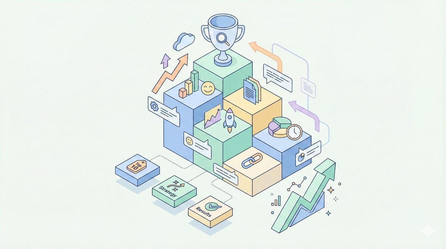 Isometric illustration of stacked blocks representing business growth, topped with a trophy and surrounded by arrows, charts, messages, links, and analytics icons, with small tiles labeled strategy and results, conveying progress, optimization, and performance improvement in a modern pastel style.