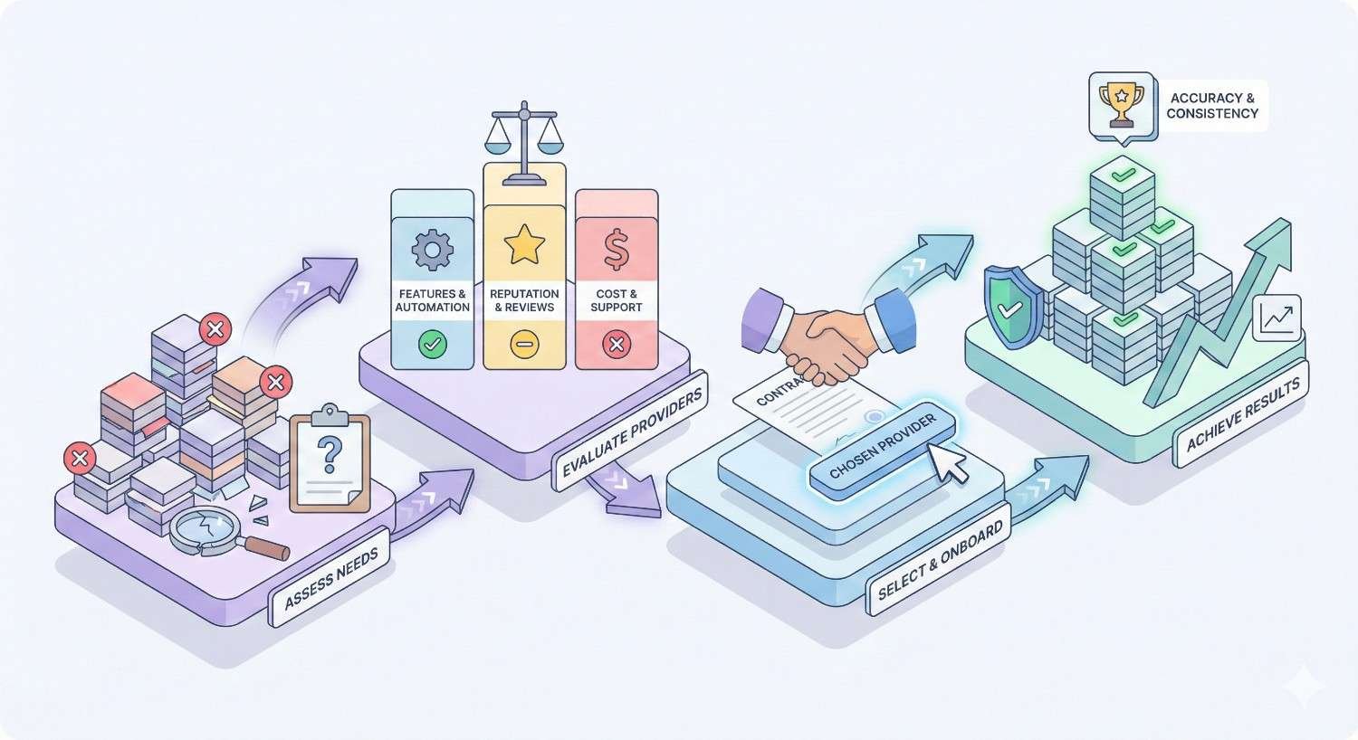 Isometric workflow illustrating how to choose a citation cleanup provider: assessing needs, evaluating providers by features, reputation, cost, and support, selecting and onboarding a provider, and achieving accurate, consistent business data with improved trust, performance, and measurable results.