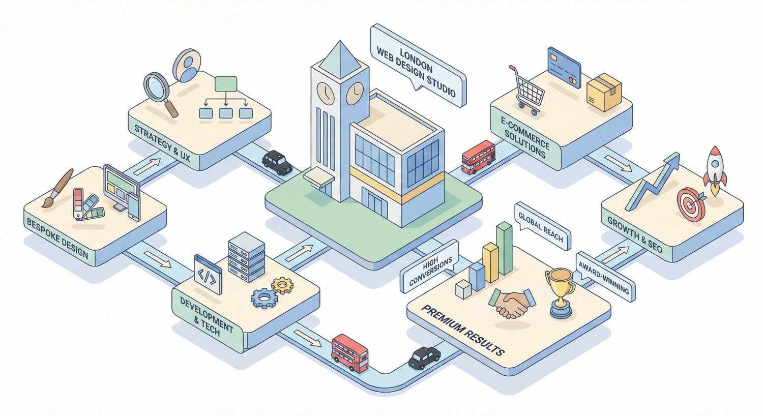 Isometric illustration of a London web design studio at the center, connected to strategy and UX, bespoke design, development and tech, ecommerce solutions, growth and SEO, and premium results, with arrows, city icons, charts, trophies, handshake symbols, and vehicles showing workflow and business success.