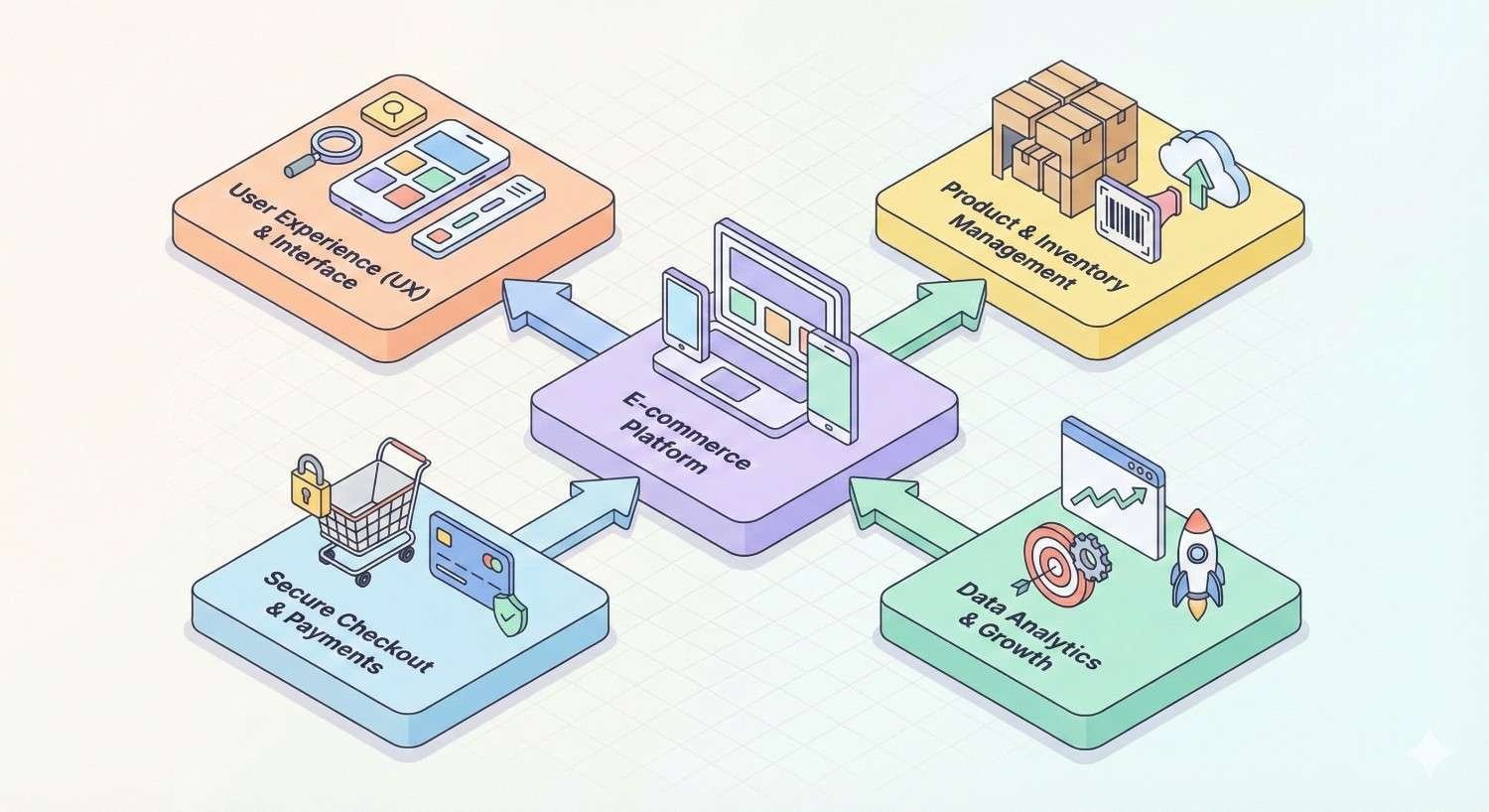 Isometric infographic of Indianapolis web design rankings showing a city center labeled “Top 25+ Web Design,” connected to blocks for growth and ranking, awards and reviews, digital solutions, user experience, expertise and services, and value and innovation with icons for strategy, cloud solutions, scalability, design, web development, and SEO.