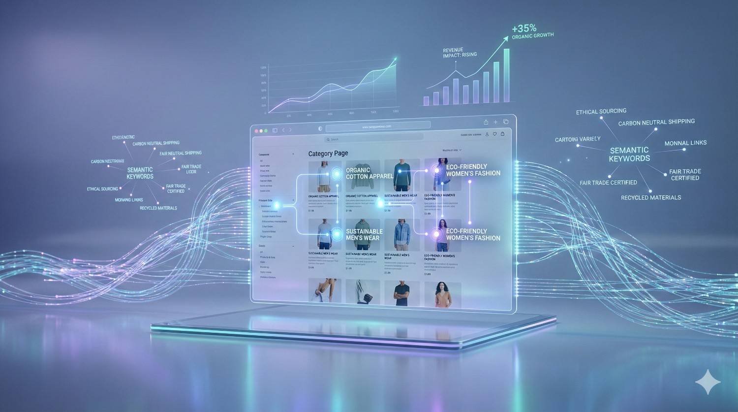 Futuristic SEO illustration showing an e-commerce category page with eco-friendly fashion products, glowing data streams labeled semantic keywords, rising revenue and organic growth charts, and digital analytics lines flowing across a sleek platform, symbolizing optimized subcategory SEO performance and sustainability focus.