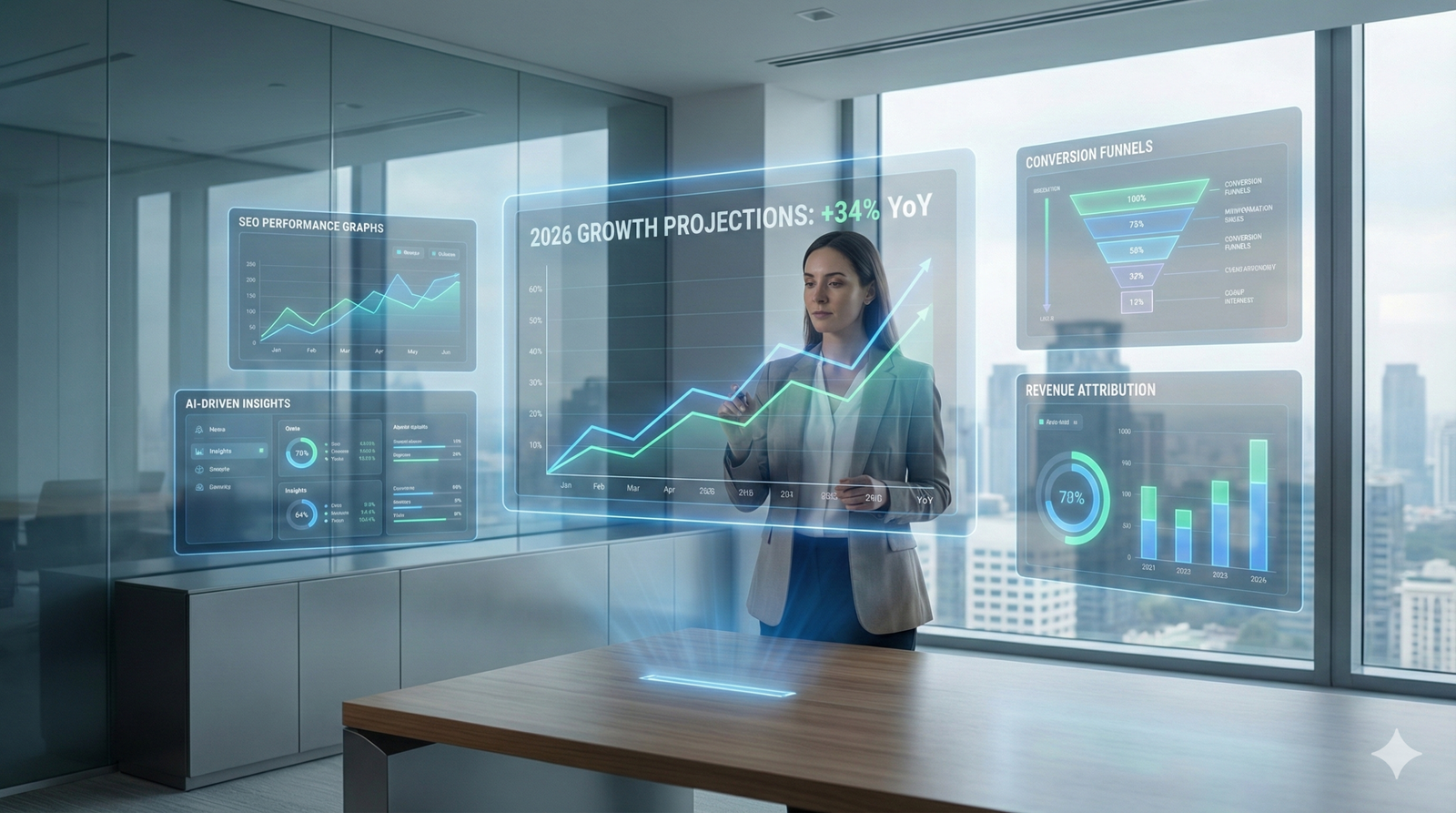 A business professional analyzes transparent digital dashboards showing SEO performance graphs, AI-driven insights, conversion funnels, and growth projections. The modern office setting with city views represents data-driven strategy, forecasting, and measurable digital marketing performance growth.