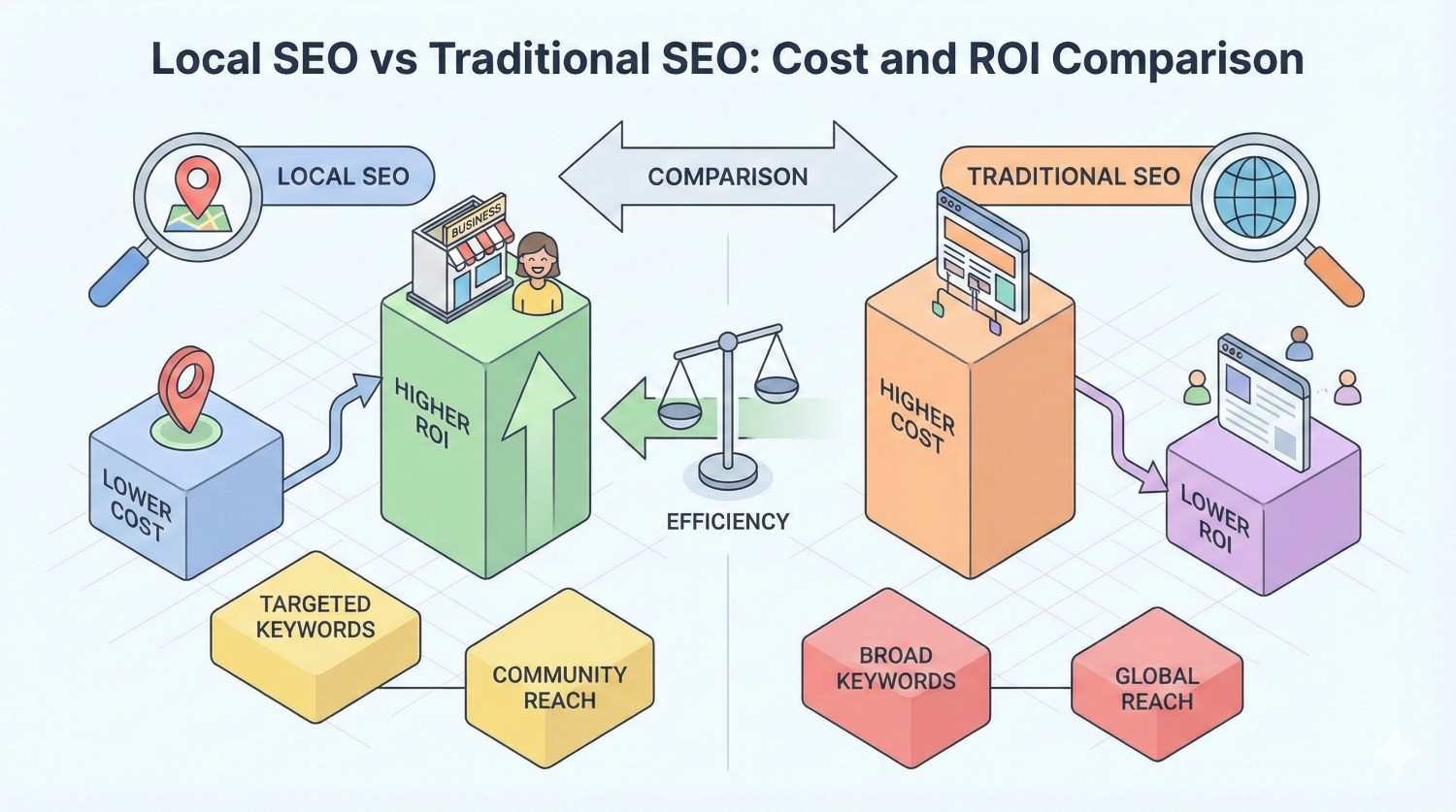 Split infographic titled “Local SEO vs Traditional SEO: Cost and ROI Comparison” showing local SEO with lower cost, targeted keywords, community reach, and higher ROI, contrasted with traditional SEO’s higher cost, broad keywords, global reach, and lower ROI, balanced by an efficiency scale.