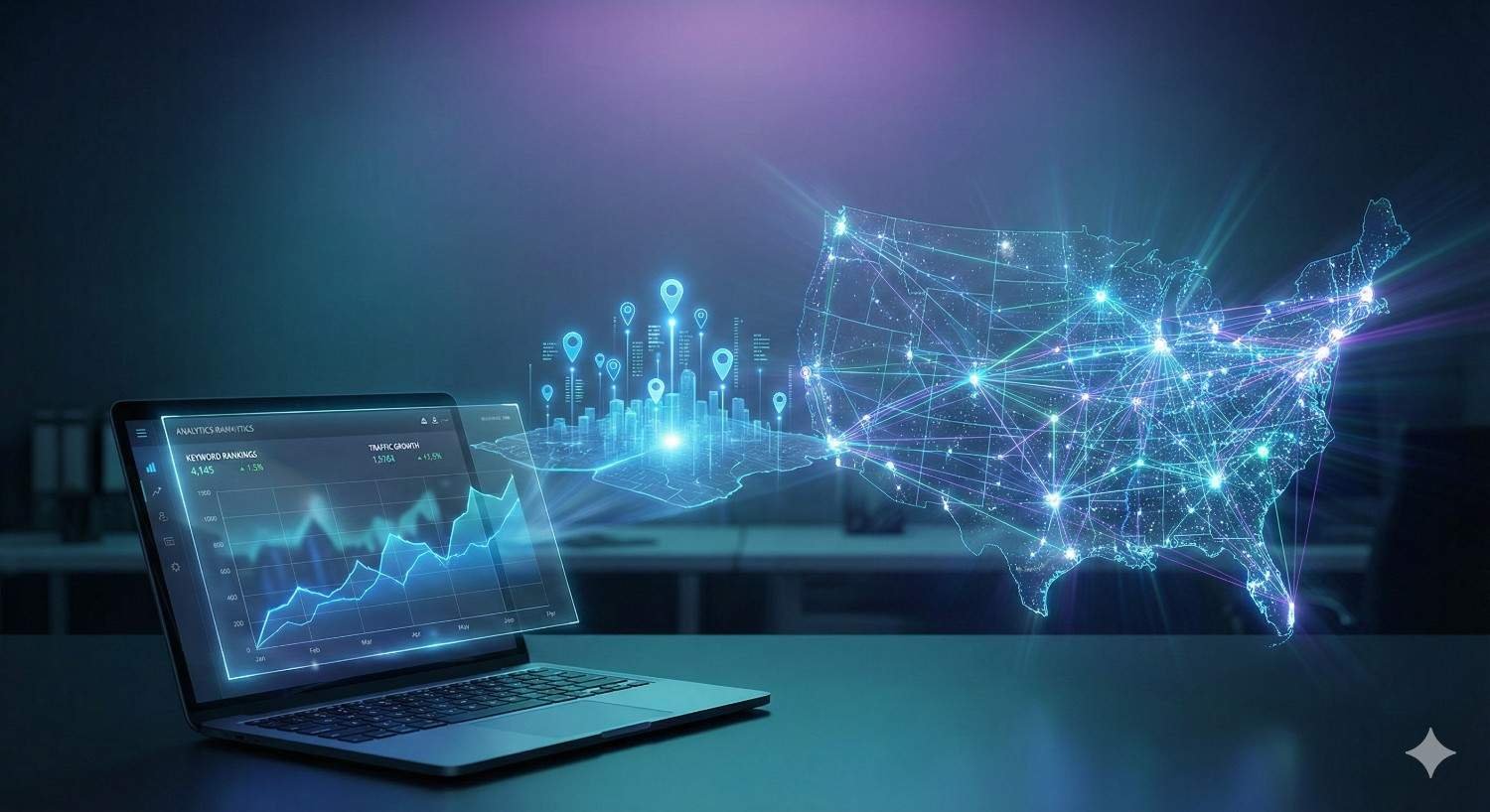 A futuristic workspace scene showing a laptop with upward-trending analytics charts projecting glowing location pins and a connected digital map of the United States, illustrating traffic growth, geographic targeting, and network-based SEO performance.