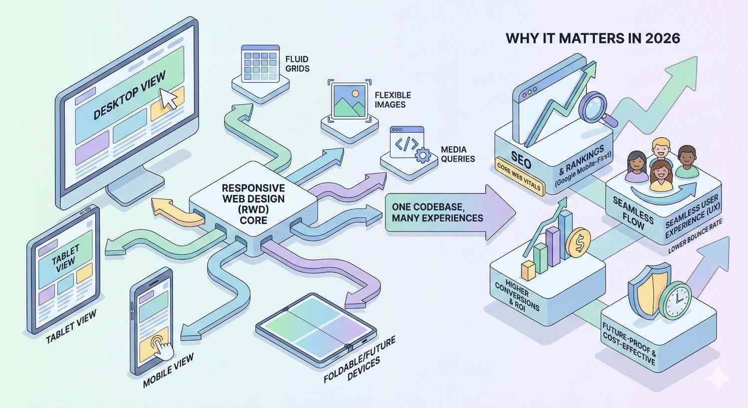 An infographic illustrating responsive web design: desktop, tablet, and mobile screens feeding into a central RWD core with arrows showing fluid grids, flexible images, and media queries, leading to benefits like SEO, higher conversions, seamless user experience, and future-proof design in 2026.