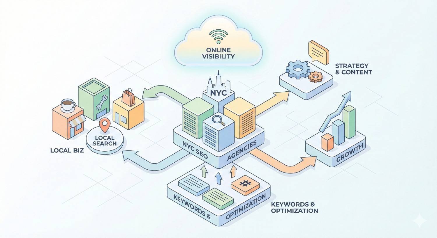 Isometric illustration of “NYC SEO Agencies” at the center beneath a cloud labeled “Online Visibility,” with arrows connecting local business and search, keywords and optimization, strategy and content, and growth, shown through small buildings, charts, gears, location pins, and pastel-colored blocks on a light grid background.