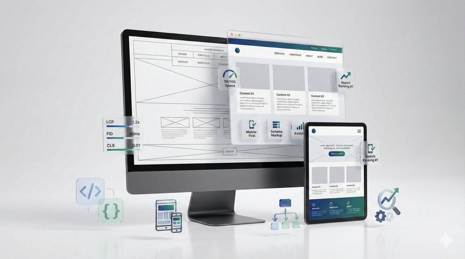 Desktop monitor and tablet showing website wireframes and SEO-optimized layouts with speed metrics, mobile-first icons, schema markup, analytics, and search ranking badges, symbolizing technical SEO, web development, and performance optimization.