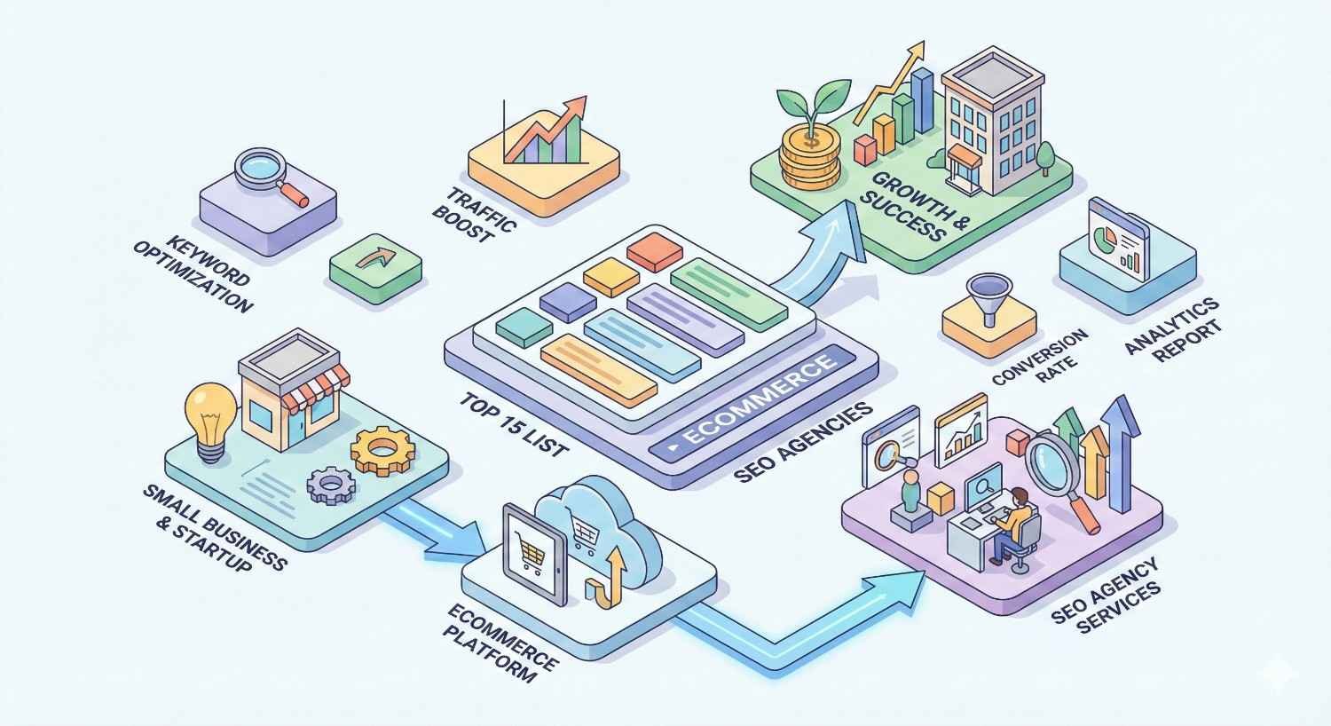 Isometric infographic showing a top ecommerce SEO agencies list connected to keyword optimization, traffic boosts, growth and success, conversion rate, analytics reports, small businesses, ecommerce platforms, and agency services, illustrated with charts, arrows, storefronts, and pastel-colored blocks.
