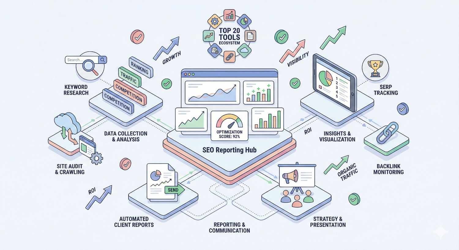 An infographic shows an SEO reporting hub surrounded by keyword research, site audits, data analysis, SERP tracking, backlink monitoring, insights dashboards, automated client reports, strategy presentations, and growth arrows, with charts, checkmarks, ROI icons, and a “Top 20 Tools Ecosystem” label above.