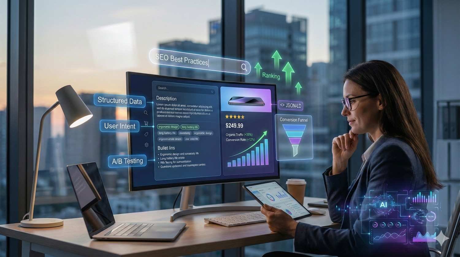 A professional works at a desk with city views while transparent screens show SEO best practices, structured data, JSON-LD, ranking arrows, product pricing, conversion funnel, A/B testing, and analytics dashboards, illustrating data-driven ecommerce optimization and search performance strategy.