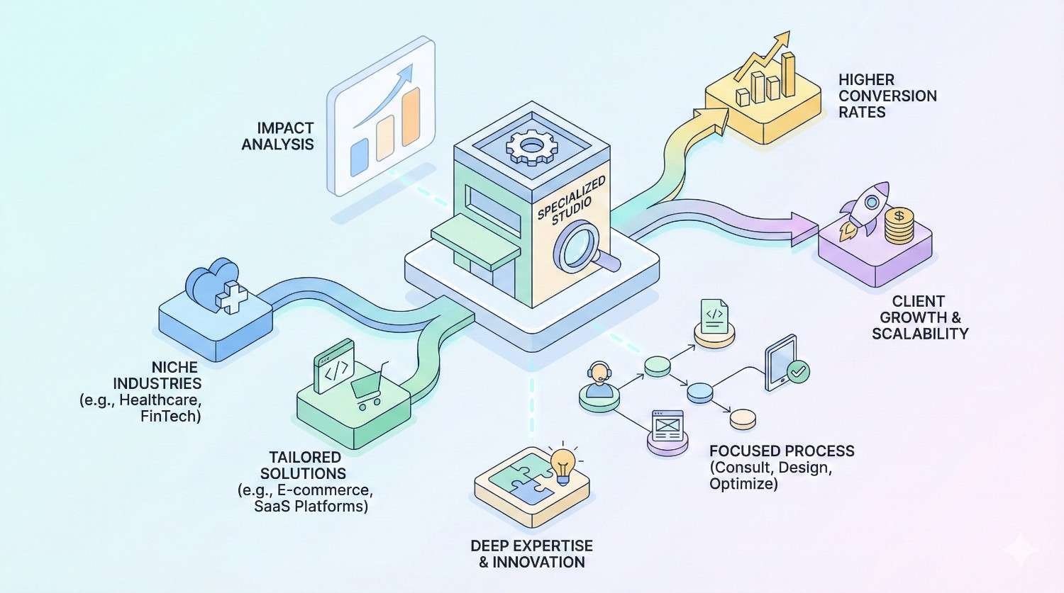 Isometric infographic showing a “Specialized Studio” at center connected to impact analysis, niche industries, tailored solutions, deep expertise, and focused processes, with arrows leading to higher conversion rates and client growth and scalability icons.