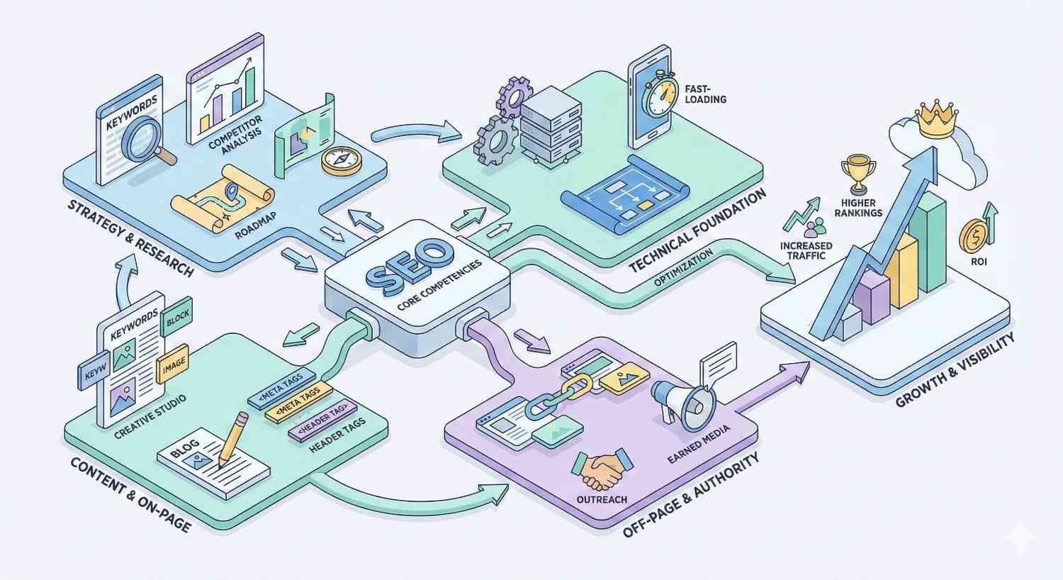 Isometric SEO workflow diagram showing core competencies linked to strategy and research, content and on-page optimization, technical foundation, and off-page authority, all driving growth and visibility with higher rankings, traffic, ROI, charts, gears, links, and icons.