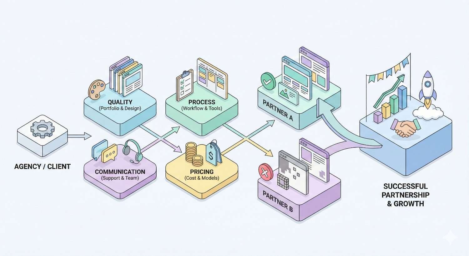 An infographic showing agencies evaluating partners through quality, process, communication, and pricing, leading to selecting Partner A over Partner B and resulting in a successful partnership and business growth, illustrated with arrows, charts, checkmarks, and pastel 3D blocks.