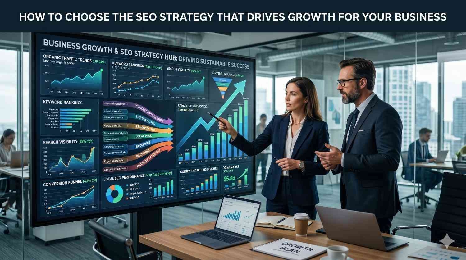 Business leaders reviewing SEO strategy dashboard with keyword rankings, organic traffic growth, conversion funnel metrics, local SEO performance, and search visibility analytics. Data-driven SEO planning session focused on sustainable business growth, lead generation, higher search rankings, and improved digital marketing ROI.