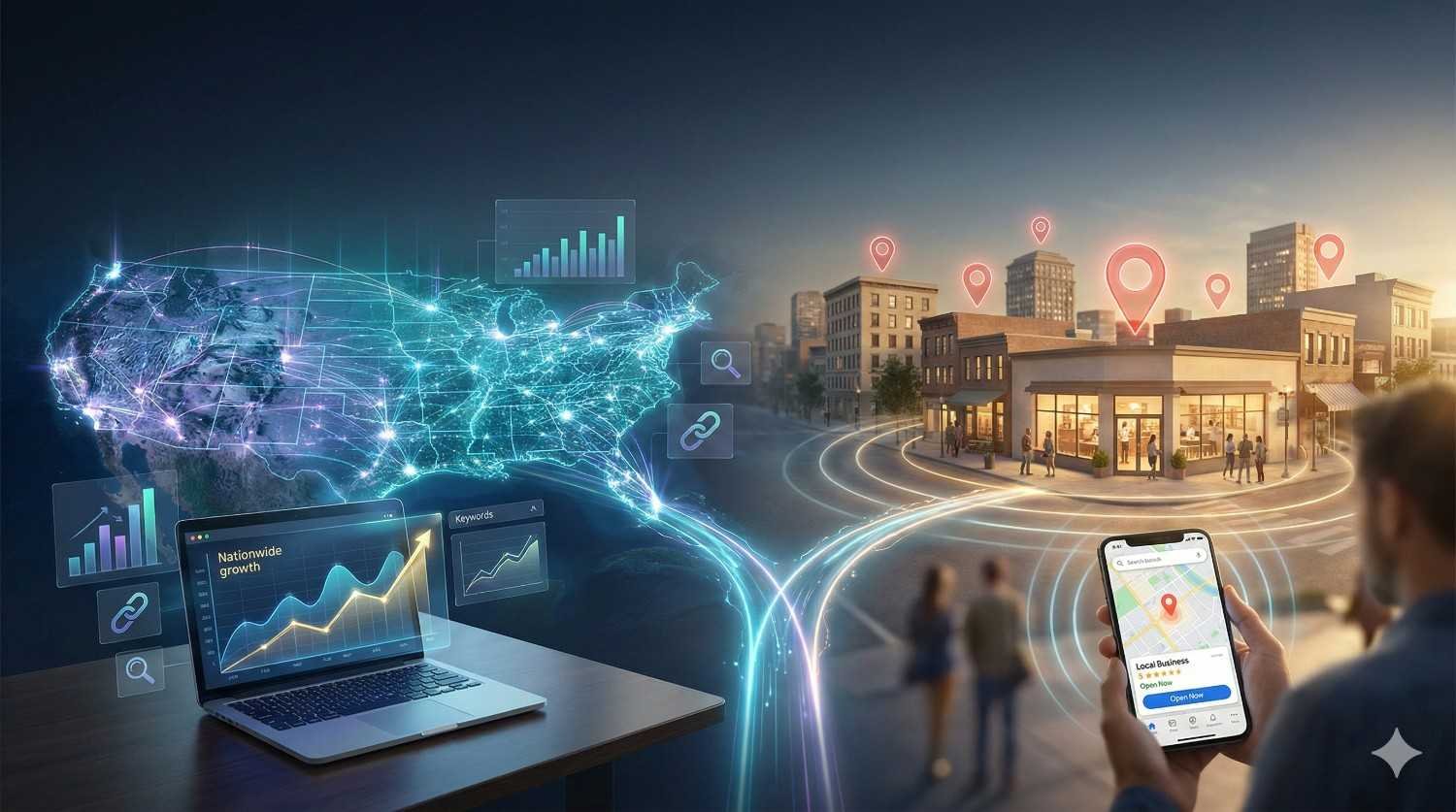 A split digital scene showing national SEO on the left with a glowing U.S. network map and laptop displaying growth charts, and local SEO on the right with storefronts, location pins, and a smartphone map search, illustrating broad visibility versus neighborhood-focused discovery.
