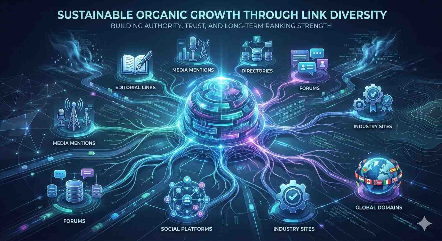 A futuristic infographic shows a glowing central hub sending luminous data streams outward to labeled sources like editorial links, media mentions, directories, forums, social platforms, industry sites, and global domains, illustrating “sustainable organic growth through link diversity” and long-term SEO authority building.