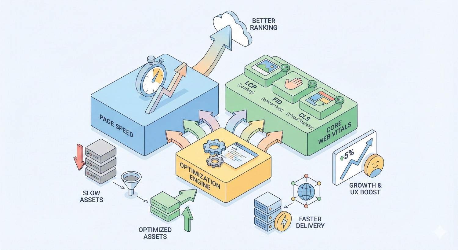 Illustration showing page speed optimization feeding an engine that improves Core Web Vitals, asset delivery, user experience, and rankings, with icons for LCP, CLS, FID, faster loading, and growth metrics.