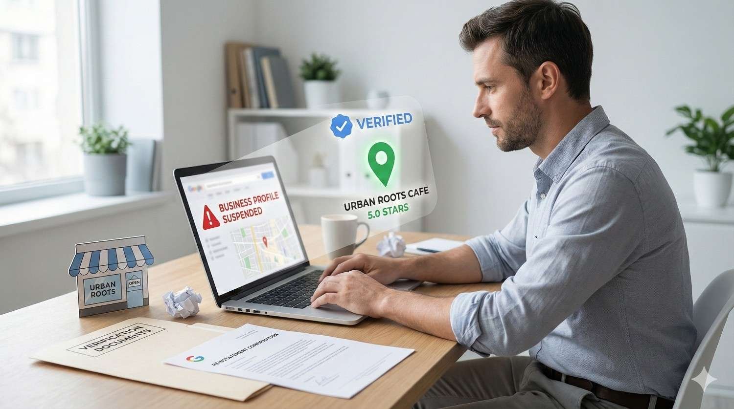 Man sitting at a desk using a laptop showing a suspended business profile, while a floating overlay displays “Verified,” a location pin, and “Urban Roots Cafe – 5.0 Stars,” with documents and a storefront model nearby, symbolizing Google Business Profile reinstatement and local SEO recovery.