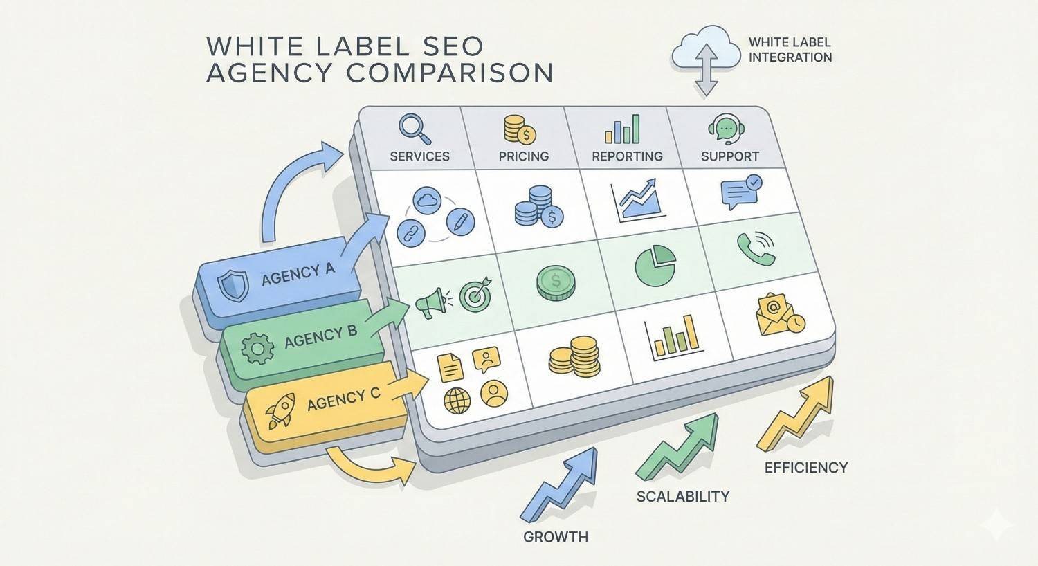 An infographic compares white-label SEO agencies in a table format, listing services, pricing, reporting, and support for multiple agencies, with arrows, cloud integration icons, and growth, scalability, and efficiency indicators along the bottom.