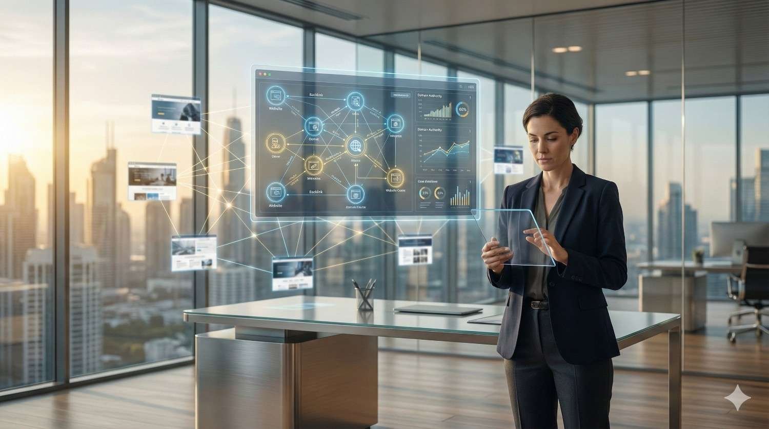 A professional in a high-rise office uses a transparent tablet while holographic analytics dashboards and connected data nodes float above a desk, with a city skyline visible through floor-to-ceiling windows at sunset, suggesting futuristic business intelligence and digital strategy.