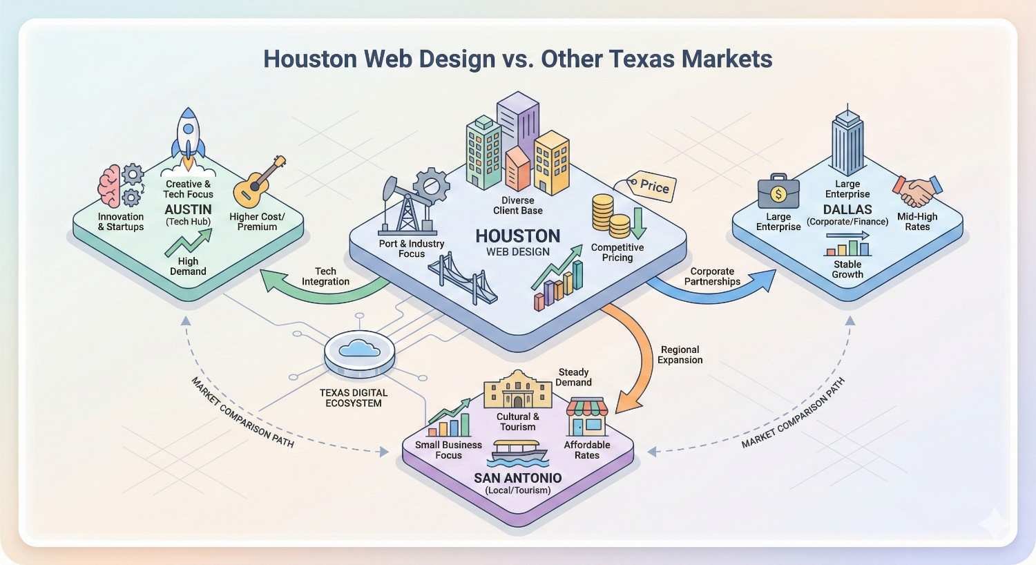 Isometric infographic titled “Houston Web Design vs. Other Texas Markets,” comparing Houston with Austin, Dallas, and San Antonio, showing pricing, demand, client types, growth, and industry focus through city blocks, arrows, charts, rockets, coins, and icons connected by a Texas digital ecosystem map.