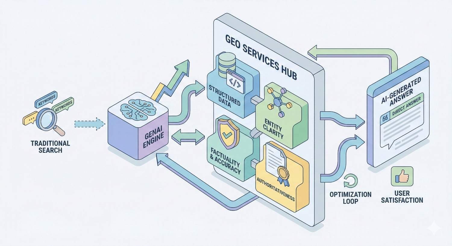 Isometric diagram showing traditional search feeding a generative AI engine and GEO services hub, which optimize structured data, entity clarity, factual accuracy, and authority to produce AI-generated answers, user satisfaction, and a continuous optimization feedback loop.
