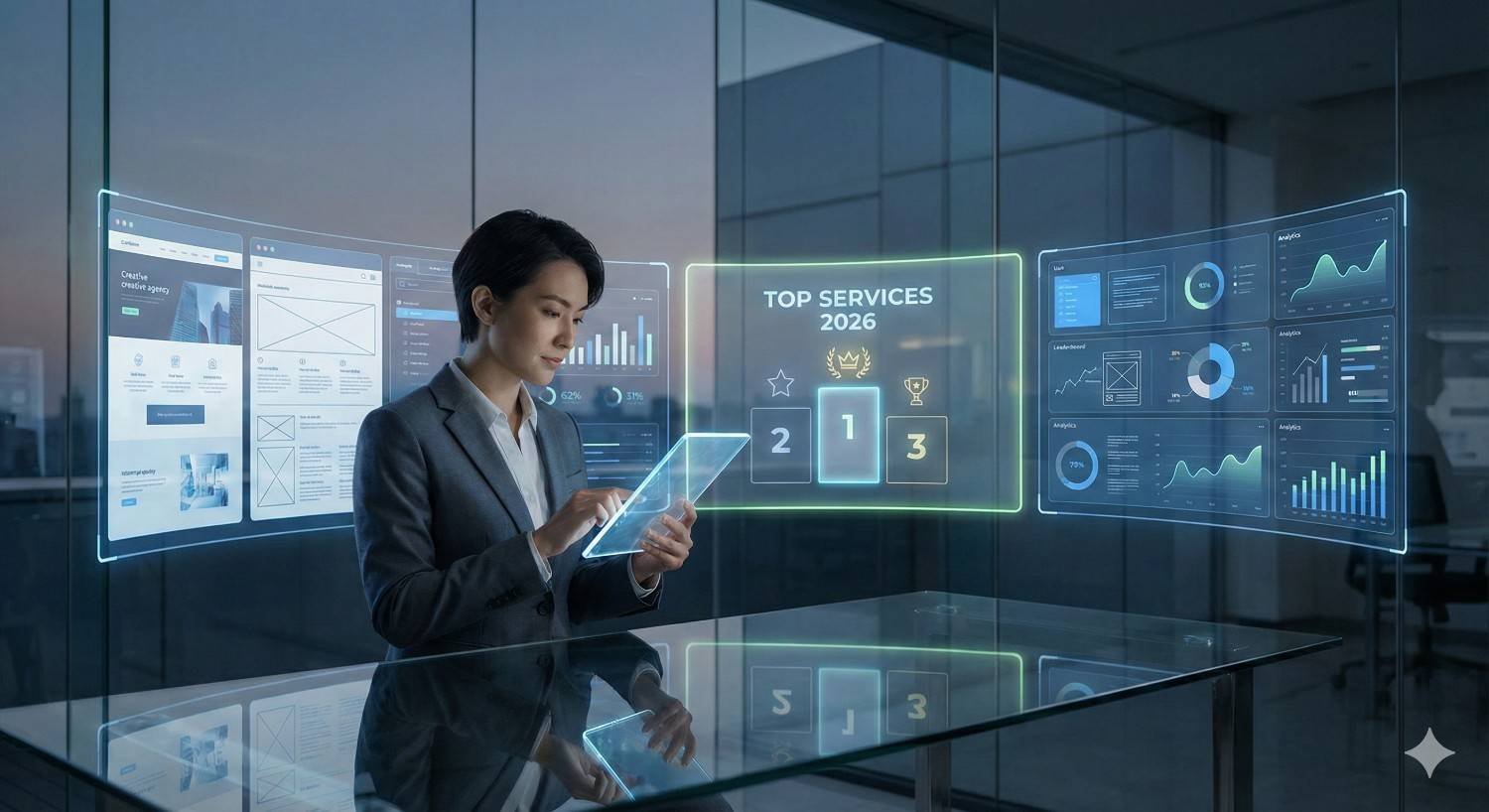 A professional standing in a glass-walled office uses a tablet while holographic analytics panels float around, showing dashboards, charts, and a “Top Services 2026” ranking display with podium numbers, all reflected on a glossy table in a futuristic workspace.