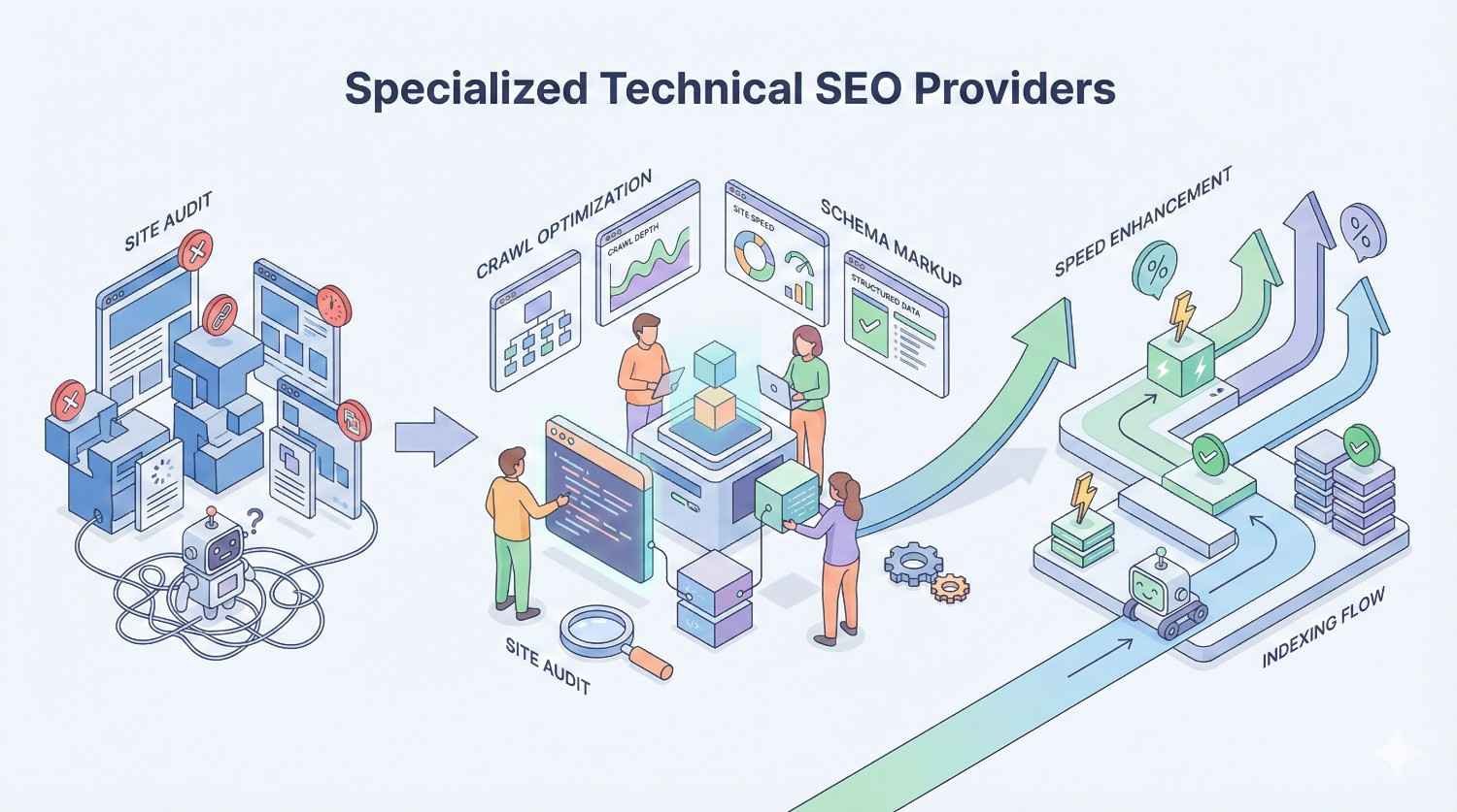 Isometric infographic titled “Specialized Technical SEO Providers” showing site audits, crawl optimization, schema markup, and speed enhancement, with people analyzing dashboards, fixing errors, improving indexing flow, and upward arrows indicating performance gains, illustrated through servers, charts, robots, gears, and pastel technical platforms.