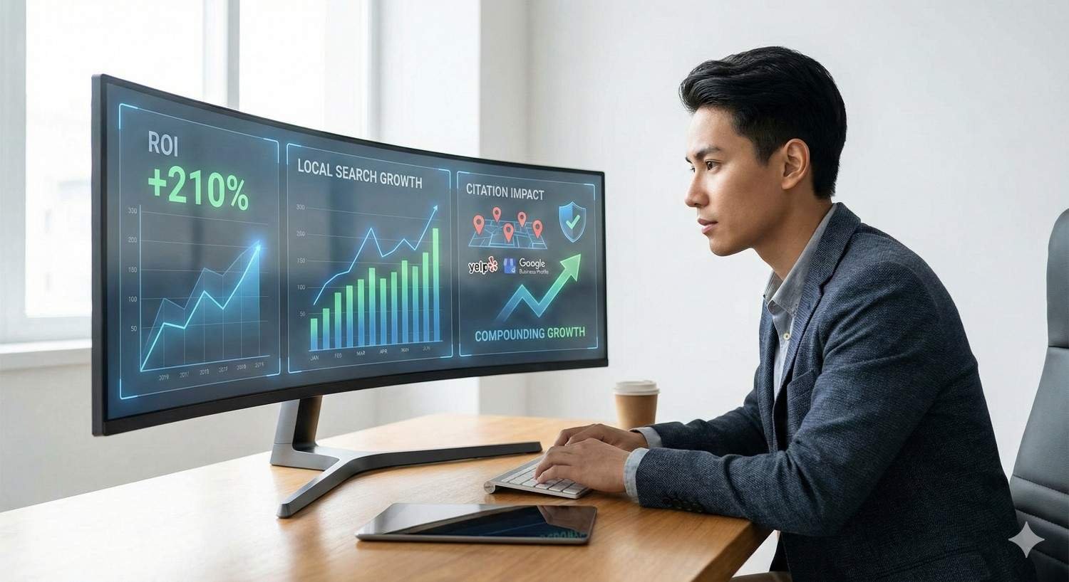 A professional working at a desk reviews a wide monitor showing local SEO analytics, including 210% ROI growth, search traffic charts, and citation impact metrics, with a tablet and coffee beside the keyboard in a modern office setting.