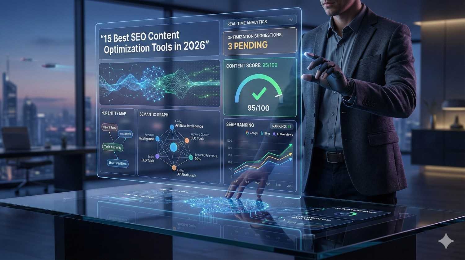 A futuristic office scene shows a man in a suit interacting with a transparent holographic dashboard displaying “15 Best SEO Content Optimization Tools in 2026,” analytics charts, content scores, SERP rankings, and AI-driven optimization suggestions over a glowing digital table.