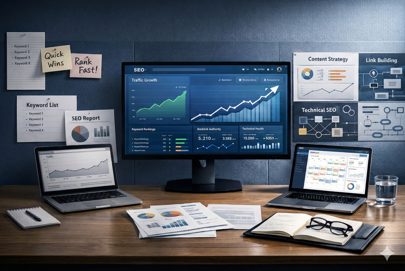 Modern SEO workspace with a central monitor showing traffic growth and keyword rankings, laptops displaying analytics, printed reports on a desk, and wall notes reading “Quick Wins” and “Rank Fast,” alongside diagrams for content strategy, link building, and technical SEO.
