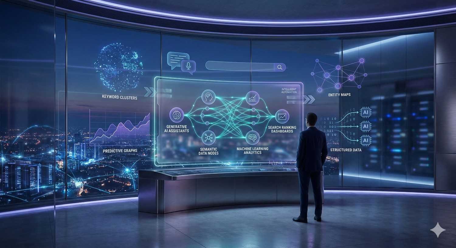 A man stands in a futuristic glass-walled room overlooking a city, facing a giant holographic SEO interface showing AI-driven keyword clusters, predictive graphs, semantic data nodes, machine learning analytics, entity maps, and structured data connections glowing in neon blue.