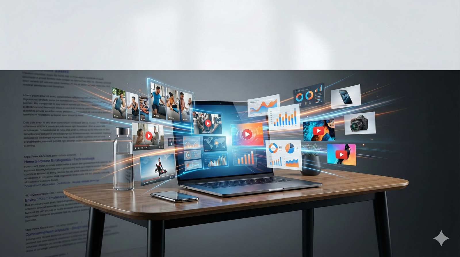 A laptop on a modern desk displays dynamic digital content, analytics charts, videos, and media assets floating around the screen. The scene represents content marketing, data visualization, and multi-channel digital strategy driven by performance analytics and creative media production.