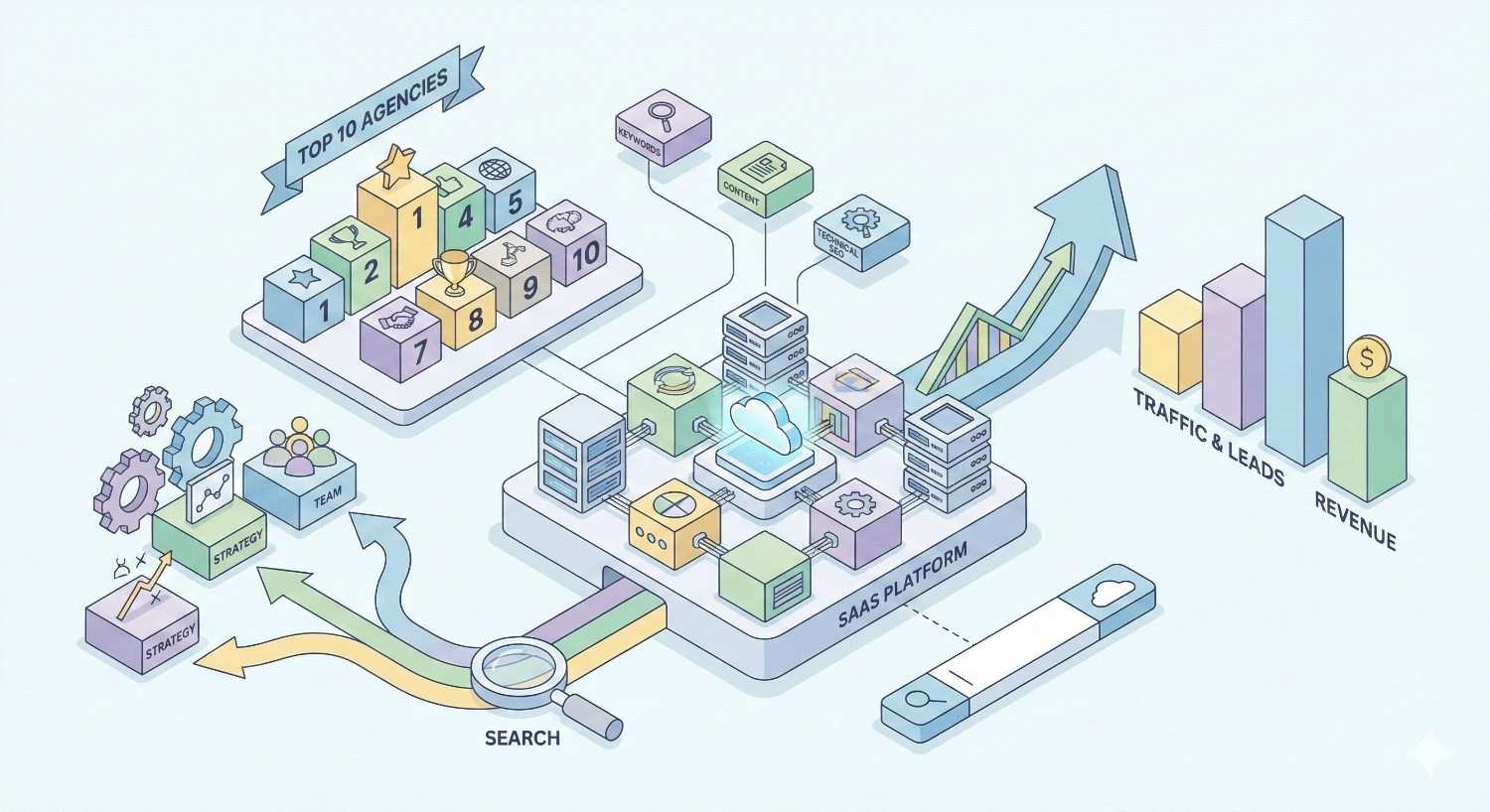 Isometric illustration of a SaaS SEO platform linking search, strategy, and team workflows to top-10 agency rankings, cloud servers, keyword and content modules, and rising arrows toward traffic, leads, and revenue, with podium blocks, charts, gears, and magnifying glass icons showing performance growth.