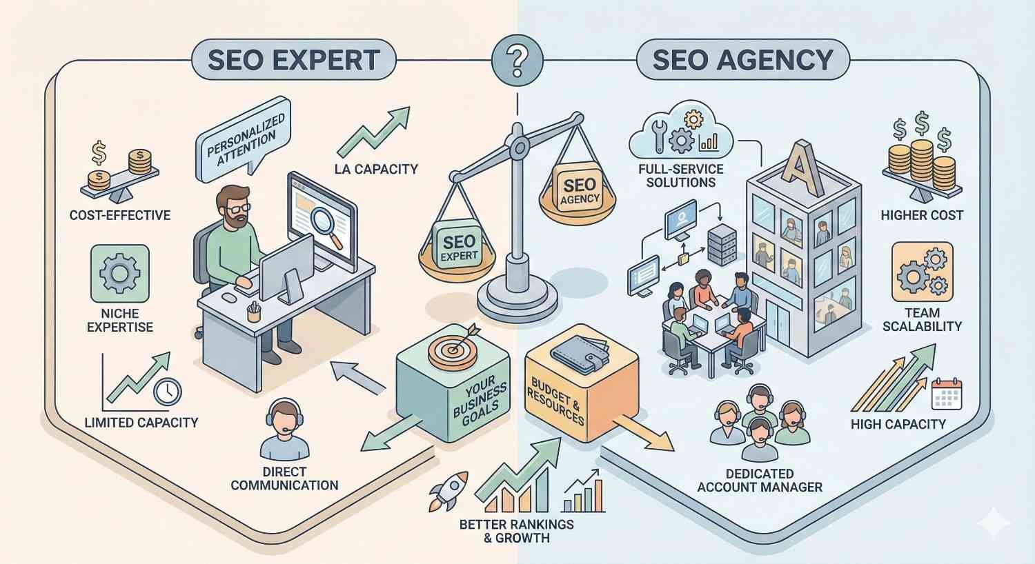 Comparison infographic weighing an SEO expert versus an SEO agency, showing cost, capacity, personalization, scalability, communication, and services, with a central balance scale tied to business goals and budget, and arrows pointing toward better rankings and growth.