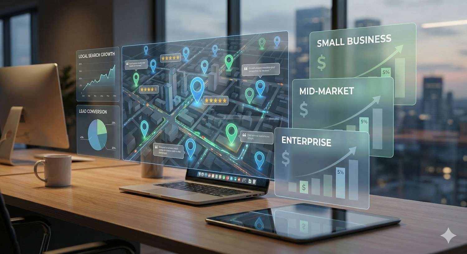 Modern office desk with a laptop displaying a holographic city map covered in location pins, star ratings, and analytics panels showing local search growth and revenue projections for small, mid-market, and enterprise businesses, illustrating data-driven local SEO performance.