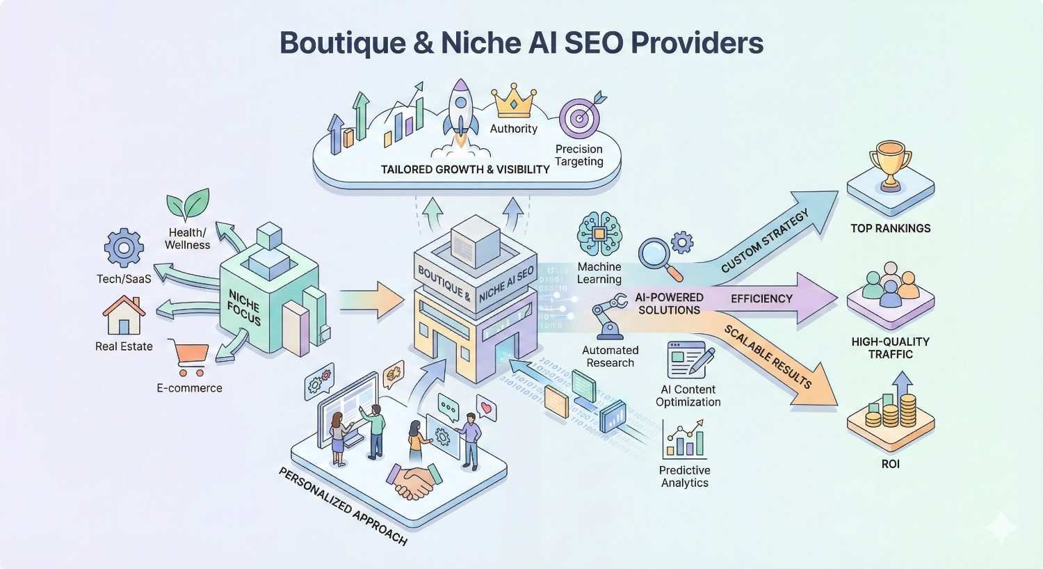 Infographic titled “Boutique and Niche AI SEO Providers” showing specialized industries feeding into a small agency using machine learning and AI tools, producing tailored growth, top rankings, high-quality traffic, efficiency, scalable results, and ROI through personalized strategies and automation.
