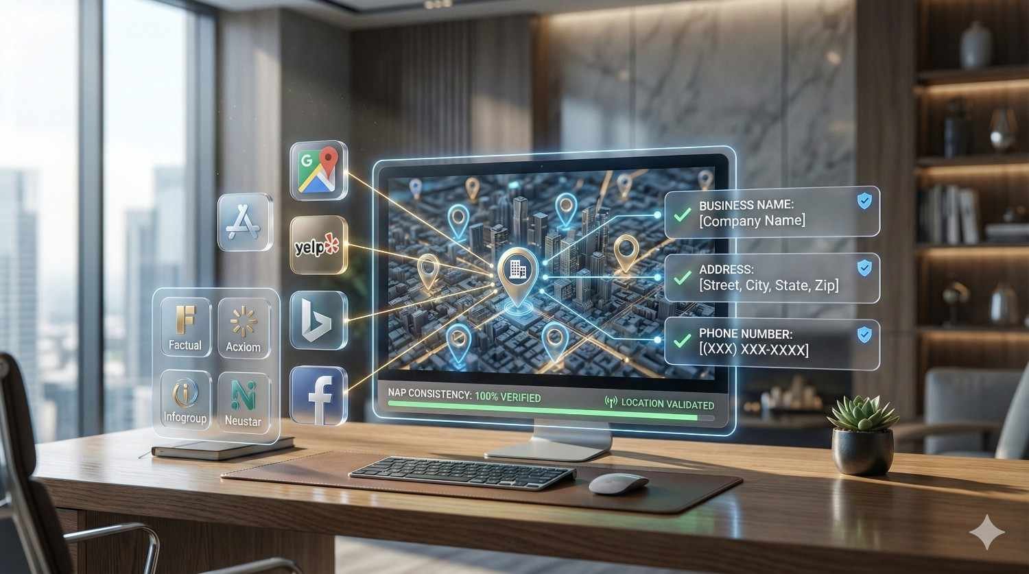 Desk scene with a floating city map titled “How to Build Local Citations,” showing connected location pins, directory icons, and verified NAP details—business name, address, and phone—illustrating local SEO citation building and consistency across platforms.
