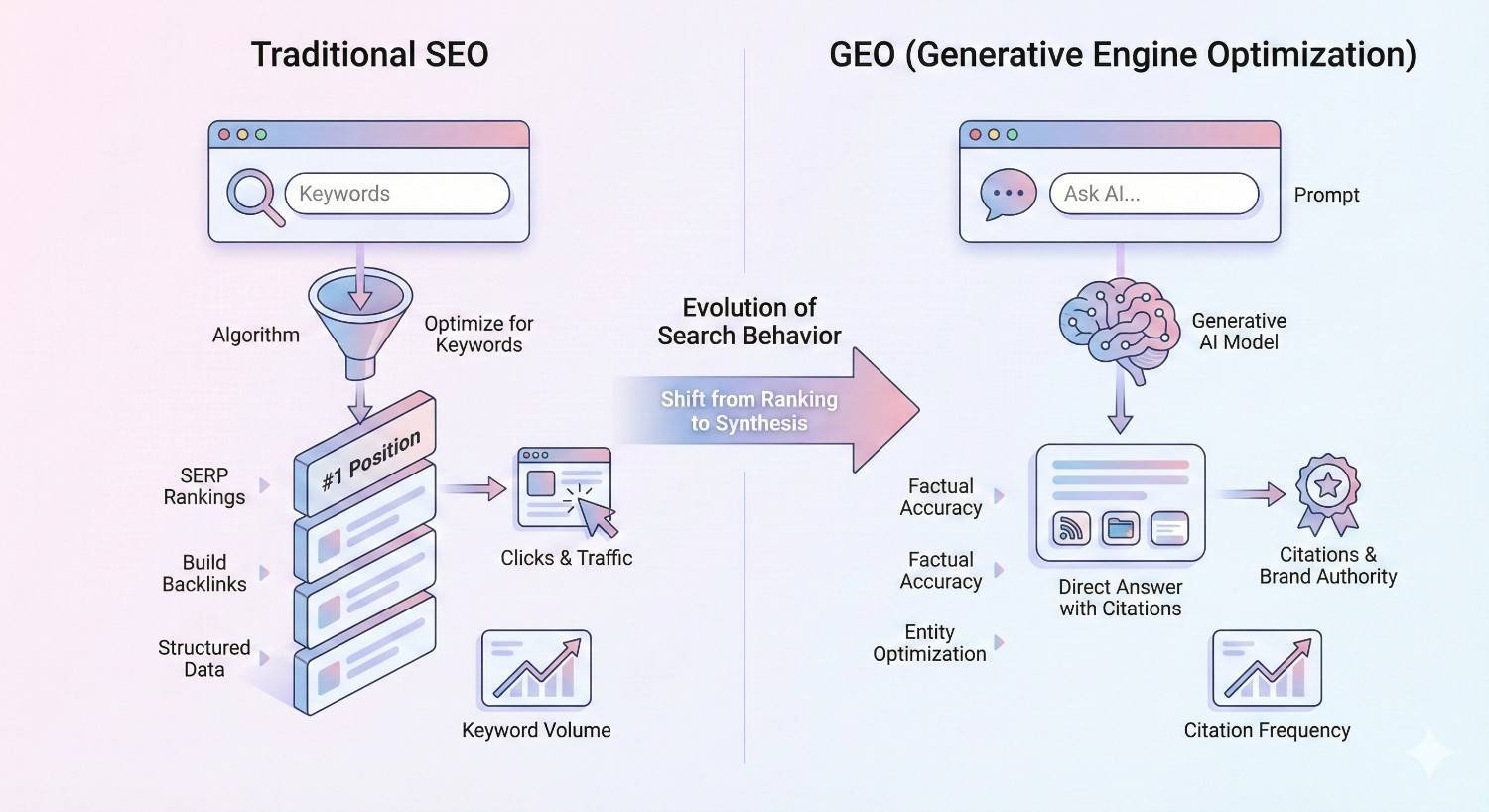 Split infographic comparing Traditional SEO with keyword optimization, SERP rankings, backlinks, and traffic versus GEO or Generative Engine Optimization focused on AI prompts, factual accuracy, direct answers with citations, entity optimization, and brand authority, showing a shift from ranking to synthesis.